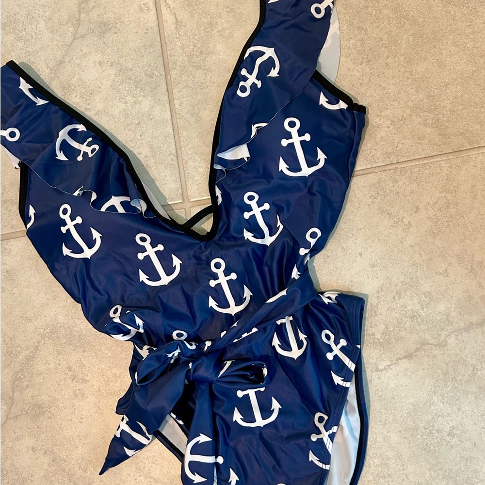 Nautical Blue Anchor Print One-Piece Swimsuit